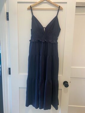 Navy Tiered Midi Dress with Ruffle Waist